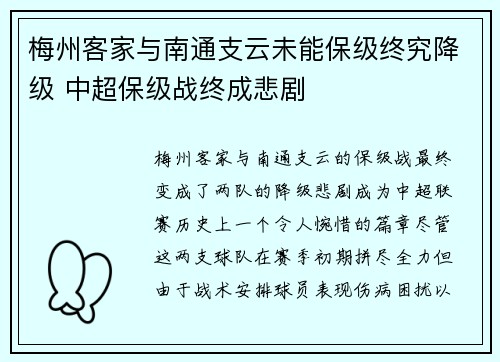 梅州客家与南通支云未能保级终究降级 中超保级战终成悲剧